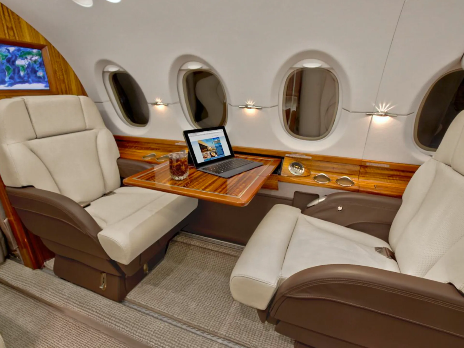 Inside of a private jet cabin.