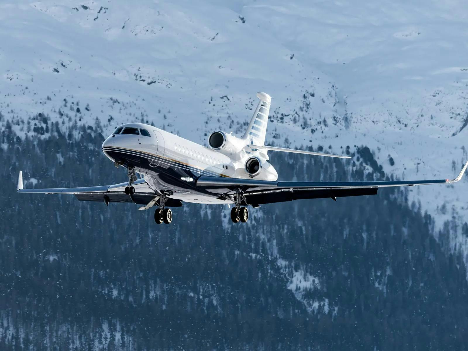 Plane flying against a snowy background.